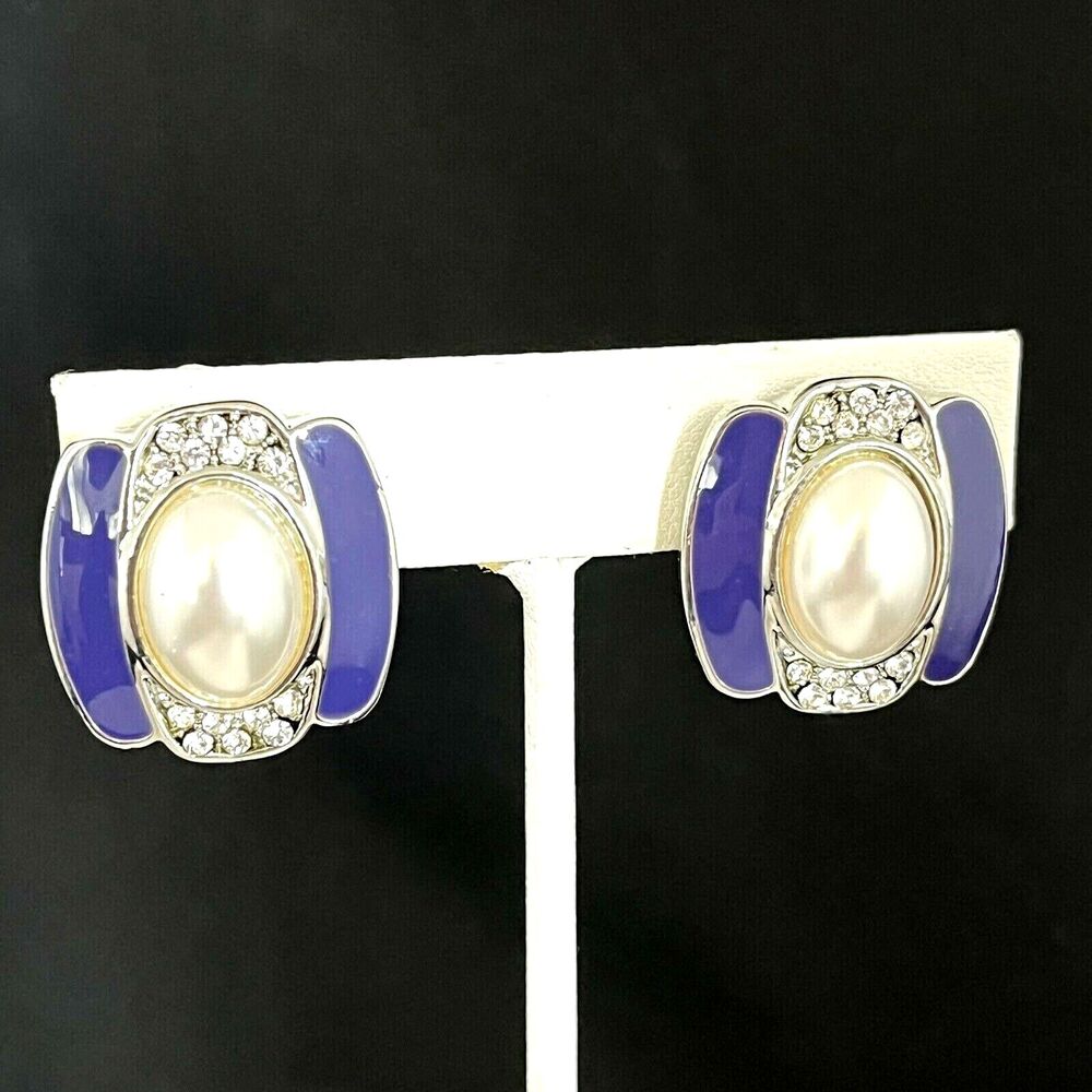 Vintage 1980s Enamel Earrings Silver Toned Simulated Pearl Crystal Clip On - 4R
